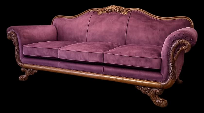 Ornate antique three-seater sofa reupholstered in deep plum fabric with carved wooden frame