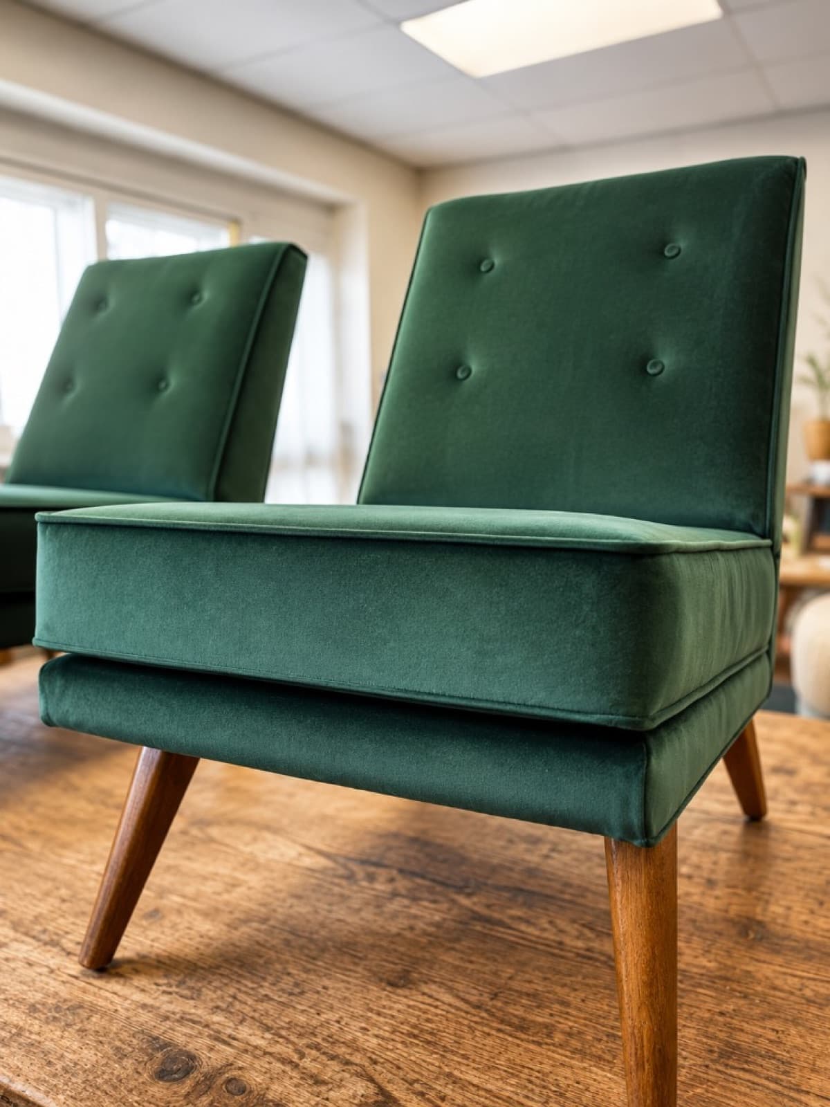 Pair of mid-century chairs upholstered in forest green velvet with button-tufted backs