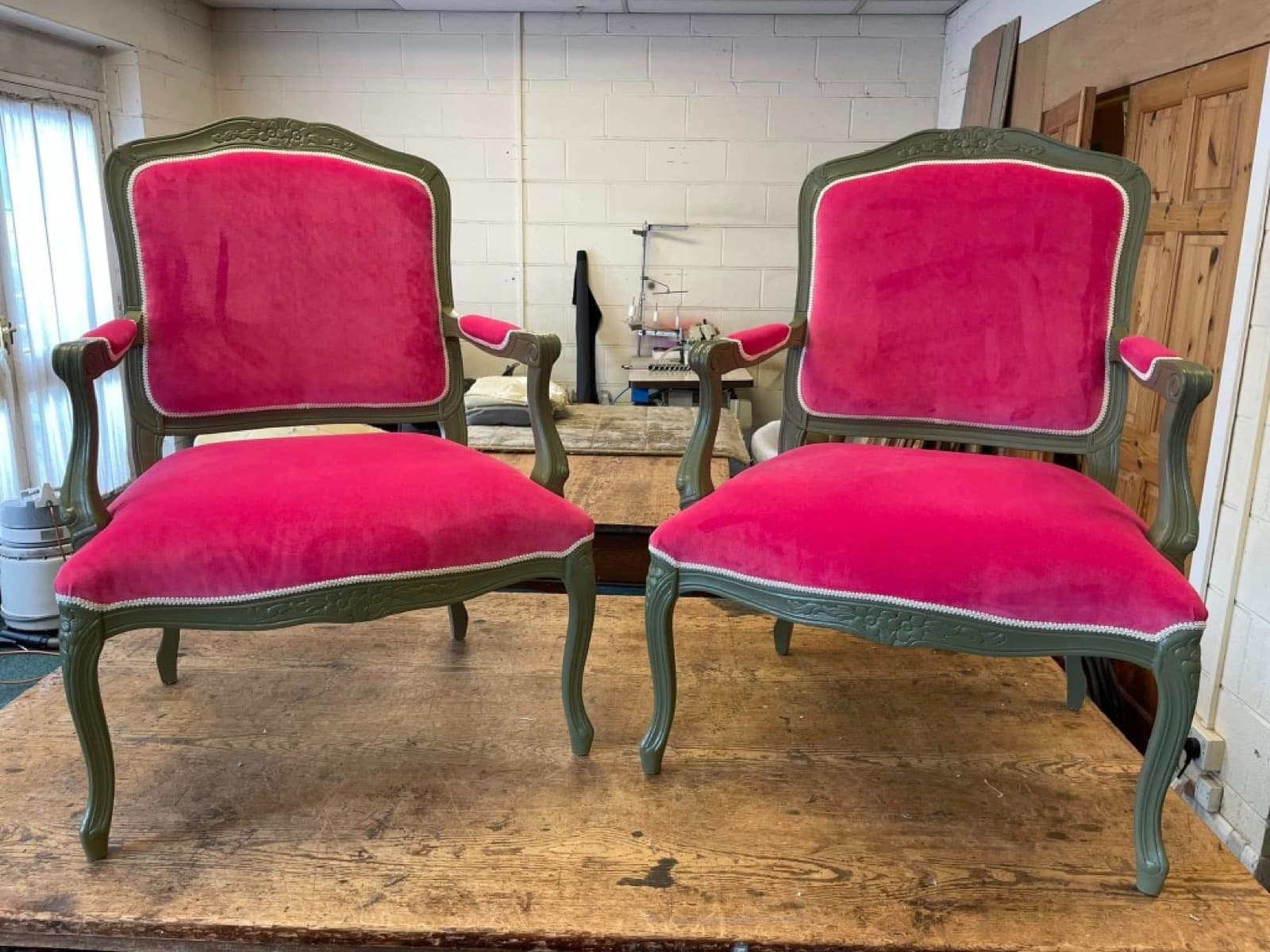 Pair of antique armchairs in hot pink velvet with olive green frames