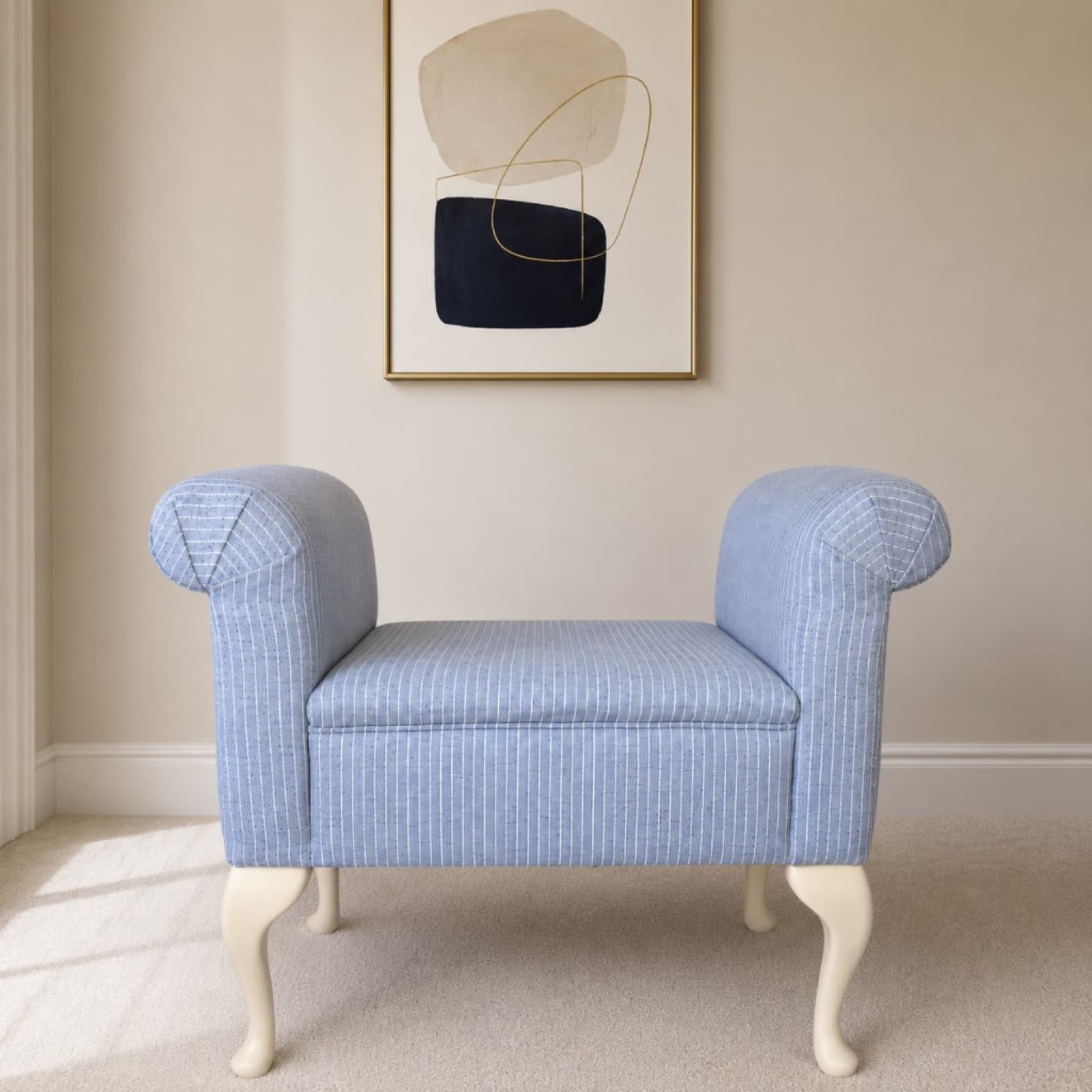 Light blue pinstripe window seat with cream cabriole legs