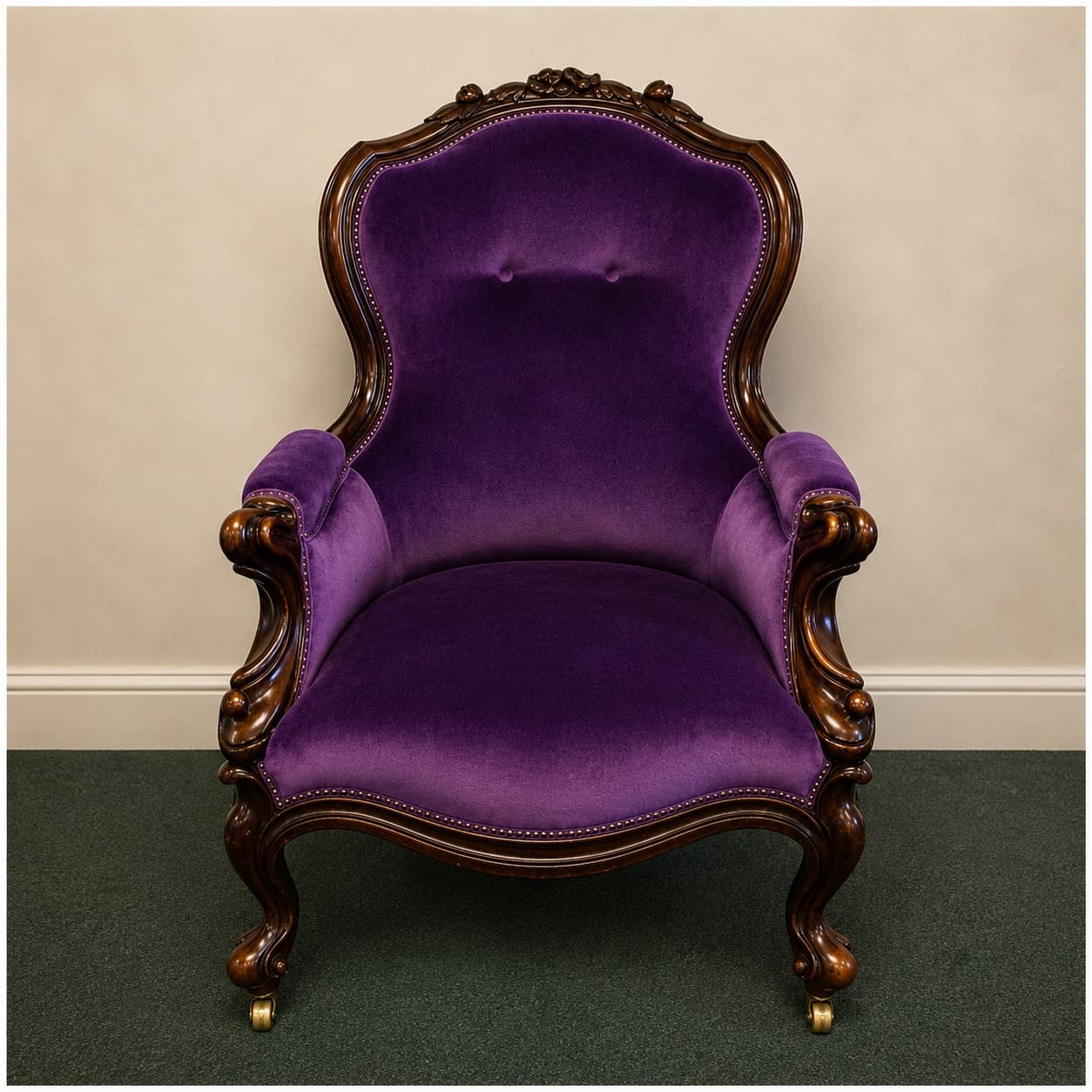 Same armchair after restoration, reupholstered in deep purple velvet